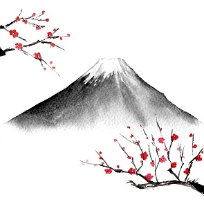 Sketch of Mt. Fuji with cherry blossoms